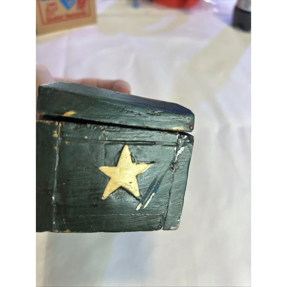 Vintage Celestial Wooden Trinket Box 4x3x3 Sun Moon Stars